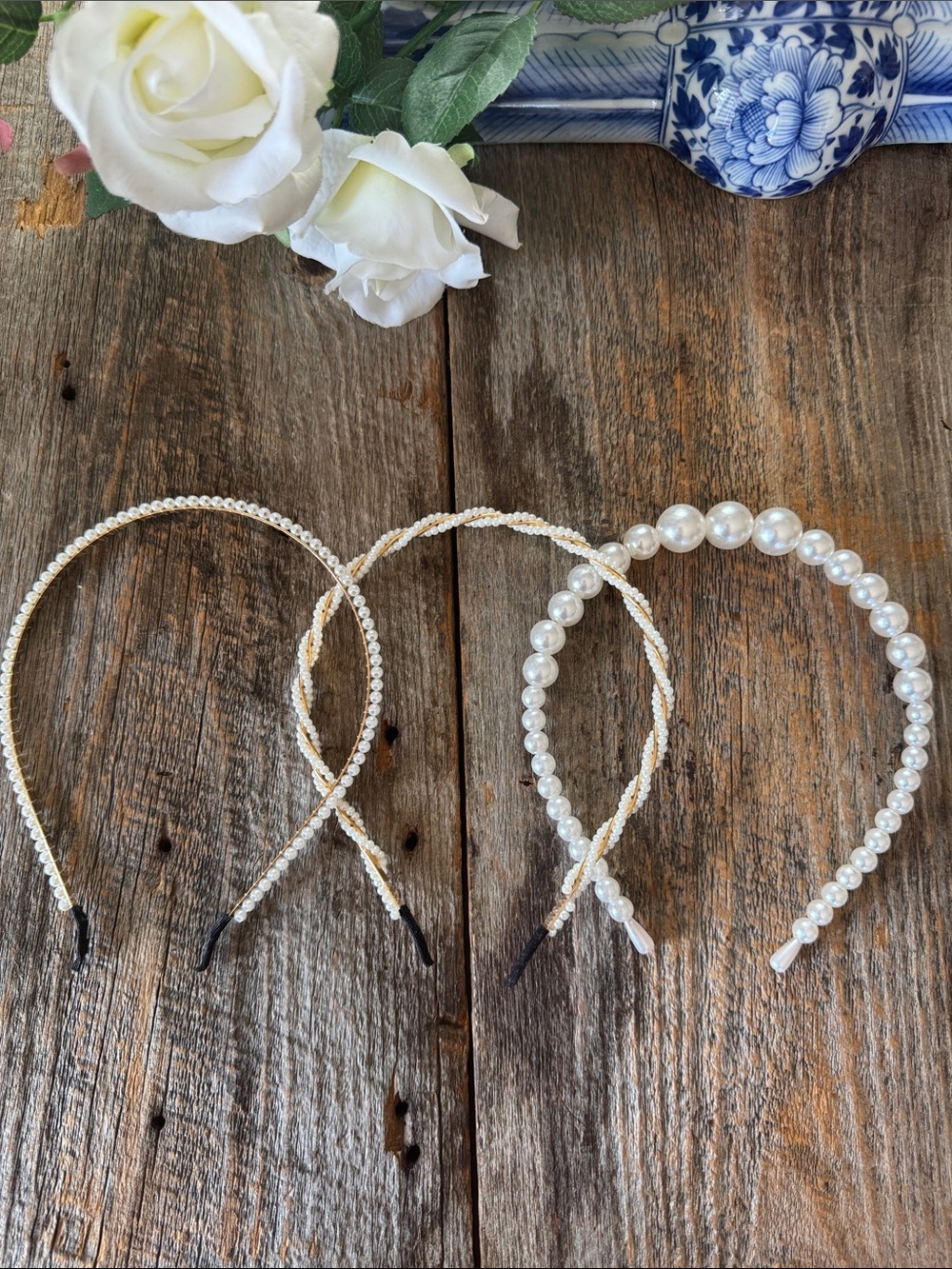 Set of 3 Faux Pearl Headbands – Gold Tone Metal Hair Accessories - Picture 6 of 6